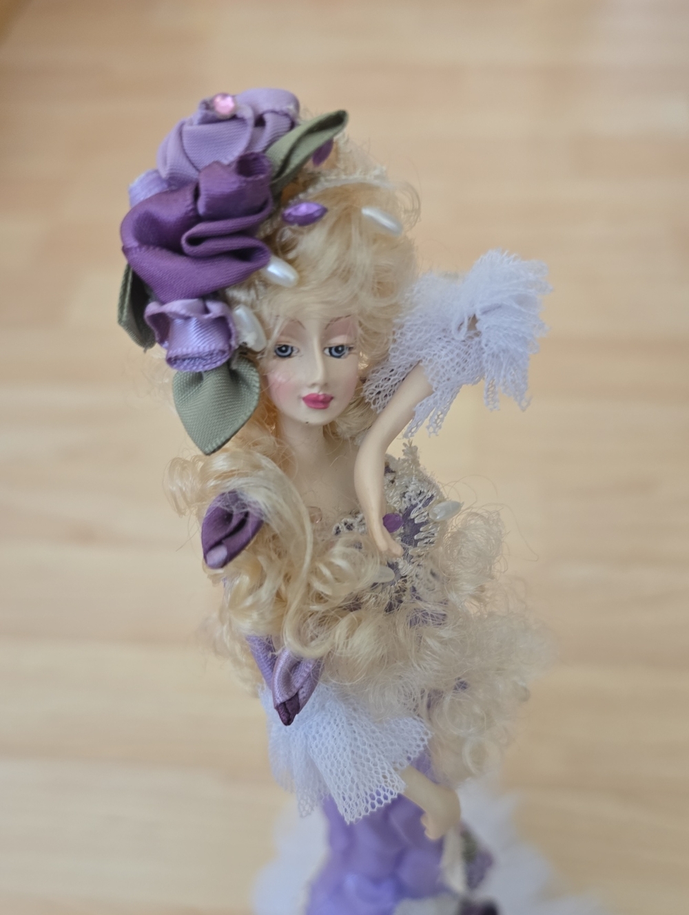 Victorian Tassel Lavender Gown Doll White Lace, Roses, Porcelain 14"